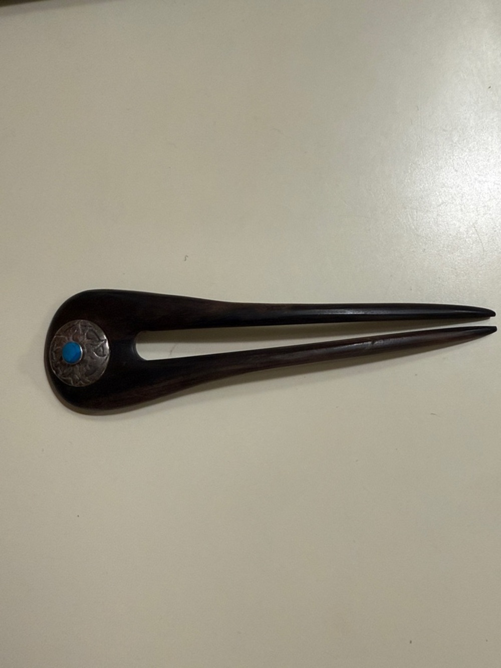 Vintage Native American wooden hair stick/clip w/ sterling silver and turquoise